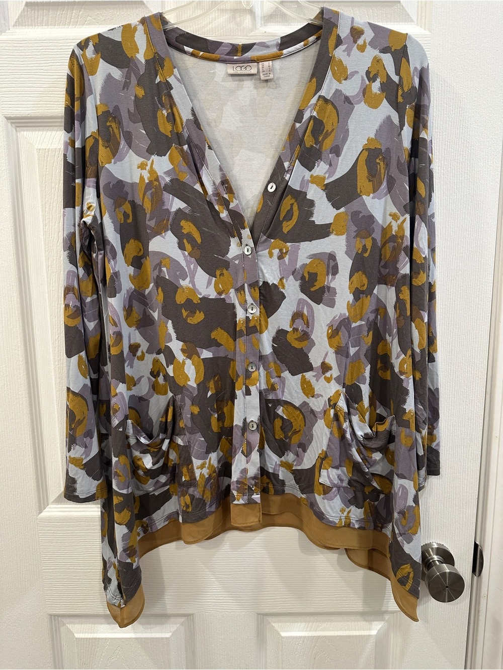 LOGO Lori Goldstein Cardigan Sweater Size M Grey Yellow Abstract Button Up